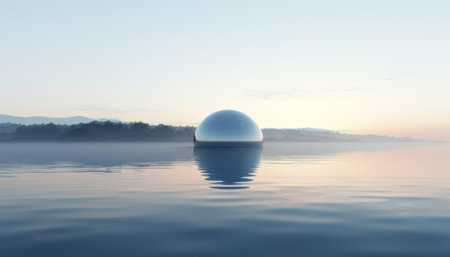 3D render of a crystal ball floating on a lake at sunriseの素材