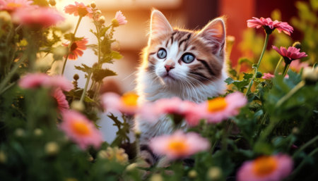 Cute kitten sitting in the flower garden. Pet and nature concept.の素材