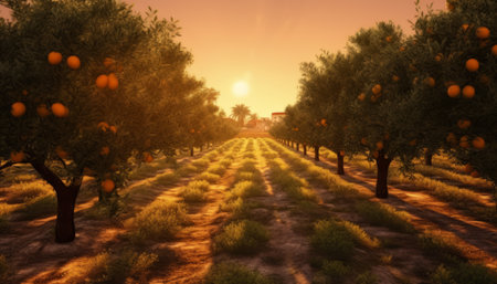 Orange grove at sunset. 3D render of an orange grove at sunset.の素材