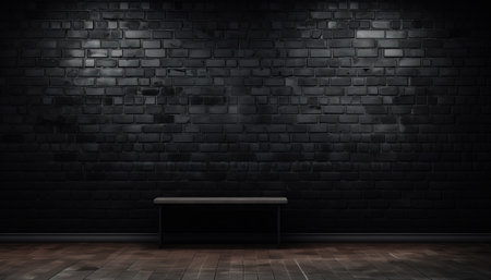 3D render of a room with a black brick wall and a benchの素材