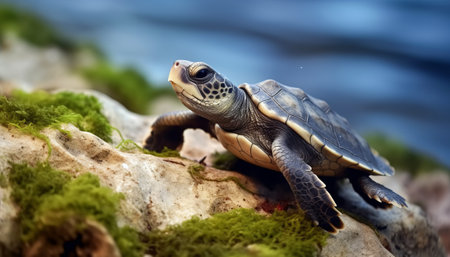 turtle on the rock in the wild, closeup of photoの素材