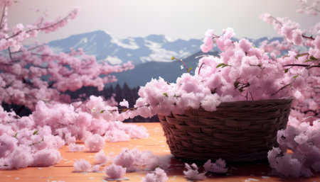 Beautiful pink sakura flowers in basket on wooden table with mountains backgroundの素材