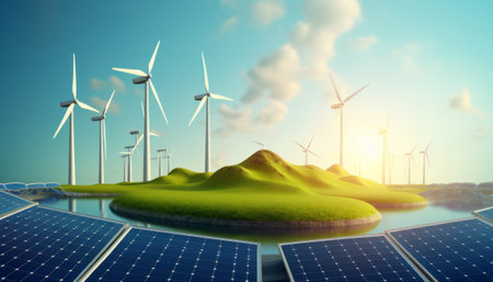 solar energy panels and wind turbines on the island 3d illustrationの素材