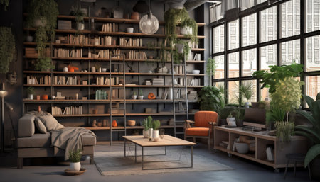 Modern living room interior design with bookshelf, armchair and coffee table. 3D Renderingの素材