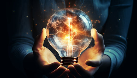 Close up of human hands holding glass lightbulb with lightning insideの素材