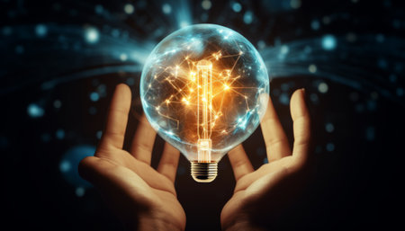 Glowing light bulb in hand on dark background. 3d renderingの素材