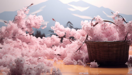 cherry blossom in vase on wooden table with mountain backgroundの素材