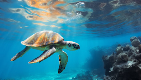 Green sea turtle swimming underwater in coral reef with sunbeams.の素材
