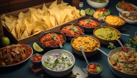 Variety of mexican food including nachos, tacos, guacamole and salsaの素材