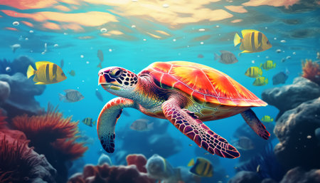 Sea turtle swimming in the ocean. 3d illustration. Sea life.の素材
