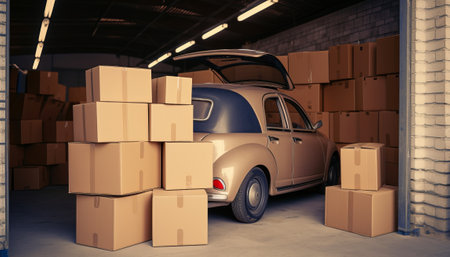 3d rendering of a car with cardboard boxes in a warehouse.の素材