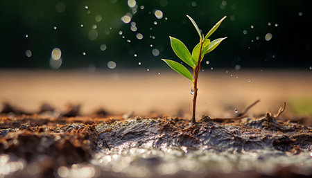 Green seedling growing from soil on blurred background. Ecology concept.の素材