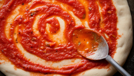 Pizza with tomato sauce and a spoon on a dark background.の素材