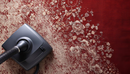 Vacuum cleaner on a red background with snowflakes.の素材