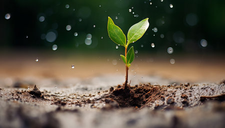 Green seedling illustrating concept of new life with raindrops on fertile soilの素材