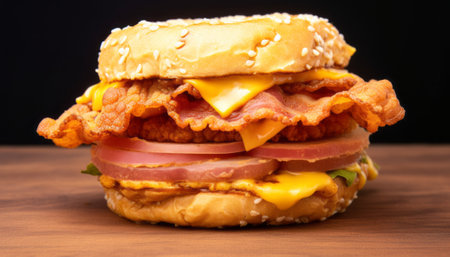 Big hamburger with cheese and bacon on a wooden table. Black background.の素材