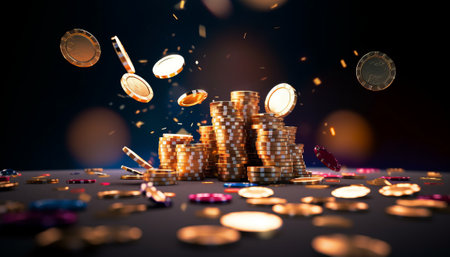 Golden coins and casino chips flying in the air on a dark backgroundの素材