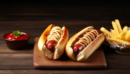 Tasty hot dogs with french fries and ketchup on wooden tableの素材