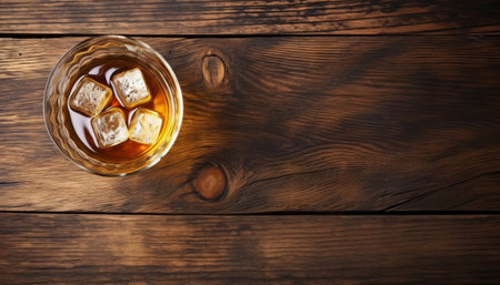 Glass of whiskey with ice cubes on wooden table. Top view with copy spaceの素材