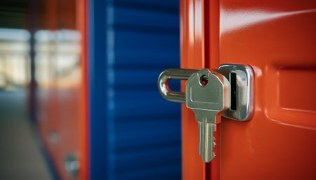 Close-up of a key in a lock in an orange doorの素材