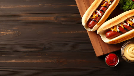 Tasty hot dogs with sauces on wooden table, top view. Space for textの素材