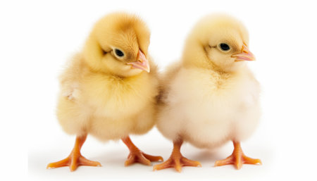 Two yellow chickens isolated on a white background. Studio photo of cute little chicken.の素材