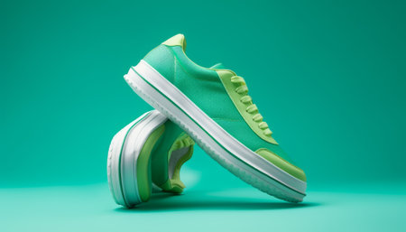Pair of green sneakers isolated on green background. Studio shot.の素材