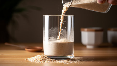 Pouring sesame seeds into a glass of sesame seed milkの素材