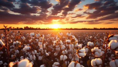 Cotton field at sunset. Beautiful summer landscape with cotton flowers.の素材
