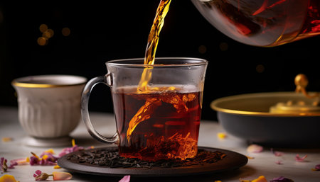 Tea pouring into a cup on a black background, close-upの素材