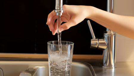 Woman pouring water from the faucet into a glass of waterの素材