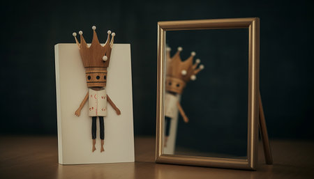Wooden doll with a crown on his head and a photo frameの素材