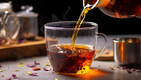 Pouring hot tea from teapot into glass cup on black backgroundの素材