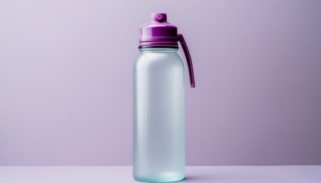 Sport water bottle on a white table with purple background. Sports water bottle.の素材