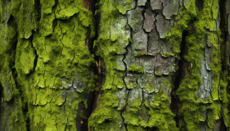 Green moss on the bark of an old tree, close-upの素材
