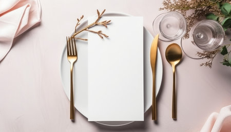 Elegant table setting with blank menu card and golden cutlery.の素材