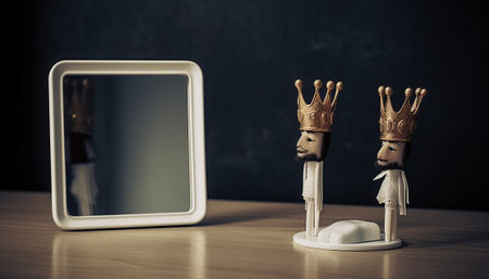 Tablet computer with crowns on wooden table and black wall backgroundの素材
