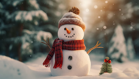 Christmas snowman in winter forest. Snowman in red scarf and hat. Christmas and New Year concept.の素材