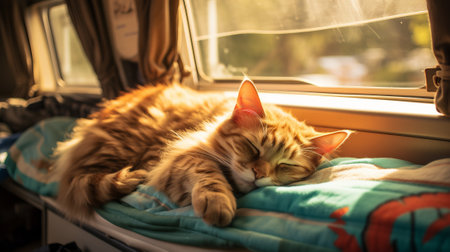 Cute ginger cat sleeping on the windowsill of the car.の素材