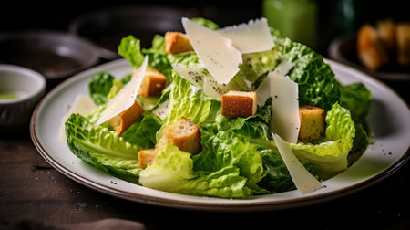 Caesar salad with parmesan cheese and croutons on wooden backgroundの素材