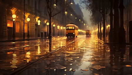 Rainy street at night in Prague, Czech Republic, Europe.の素材