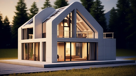 3d rendering of modern cozy house with pool and parking for sale or rent in luxurious style. Summer evening with soft light from window.の素材