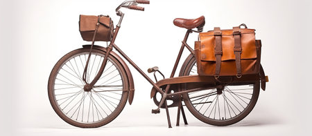 Vintage bicycle with brown leather bag on white background. 3d renderingの素材