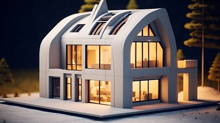 3d illustration of a modern house on a background of the night cityの素材