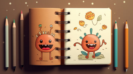 Cute cartoon sun character drawing on a notebook. Vector illustration.の素材