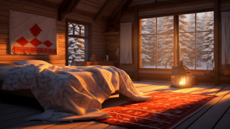 3d rendering of a wooden log house with a bed and a lanternの素材