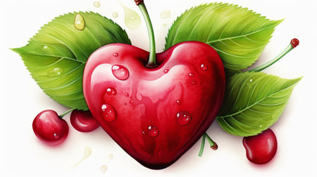 Illustration of a red heart and cherries on a white backgroundの素材