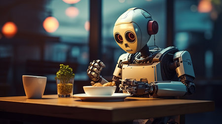 3d rendering humanoid robot eating breakfast in coffee shop at night.の素材