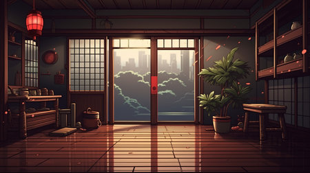 Interior of a Japanese tea room with a view of the cityの素材