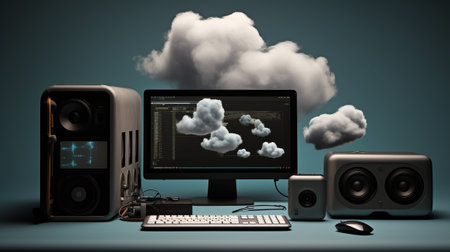 Computer with cloud computing on blue background. 3D rendering illustration.の素材